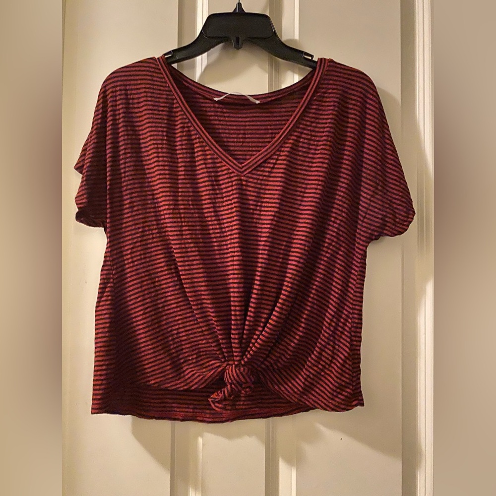 Striped V-Neck Knot Front Top - Red